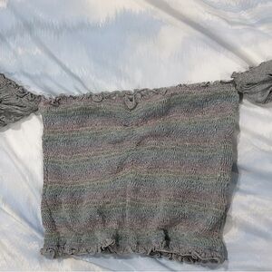 off the shoulder grey top with rainbow stripes!